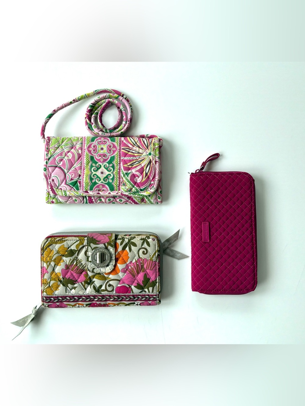 Vera Bradley Wallet & Crossbody Bundle - Set of 3 Floral, Paisley, Quilted Pink